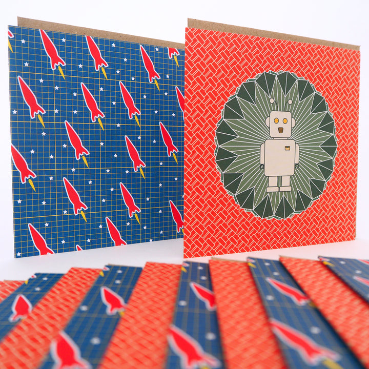 Bright Stem Children's Birthday Cards and Envelopes Mixed Pack (12) Recyclable Suitable for Kids Boys robot illustration and red rocket pattern