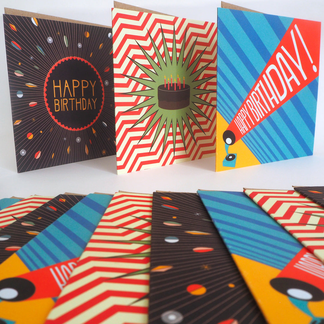 bright stem birthday cards multipack recyclable eco friendly. Displayed vintage style designs influenced by the Bauhaus art deco pop art and comic books sold by the artist / designer