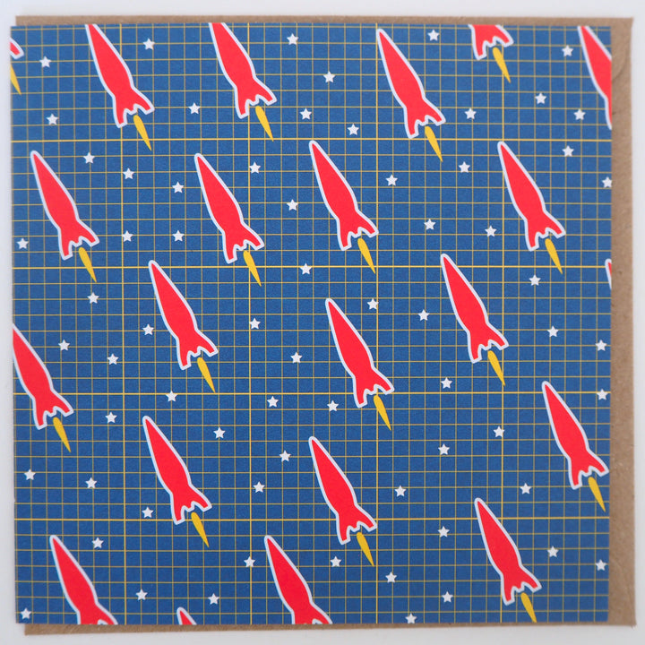 bright stem Children's Birthday Card Recyclable Suitable for Kids Boys Girls red rocket pattern inspired by a piece of public art.