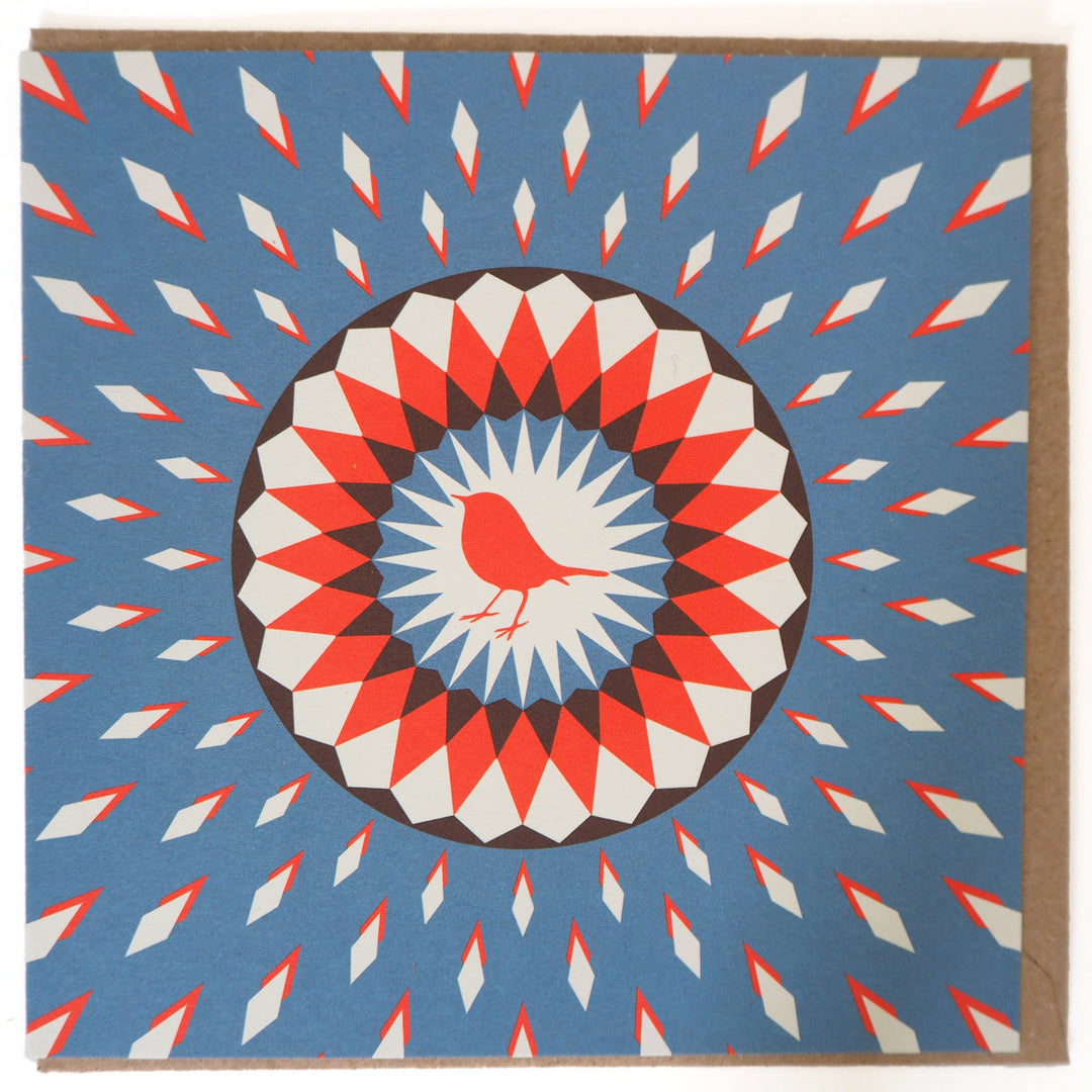 Bright Stem Christmas Card with Robin illustration in the middle of kaleidoscopic pattern