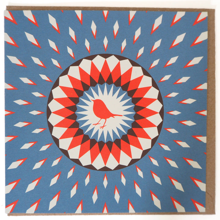 Bright Stem Christmas Card with Robin illustration in the middle of kaleidoscopic pattern