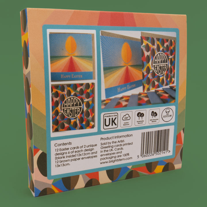 Back of packaging for Easter cards and envelopes with colourful design and 'bright stem' branding. 12 Pack. Bright Stem Happy Easter Greeting Cards and Envelopes Multipack. Featuring cards with Chocolate Egg and Abstract Pattern.