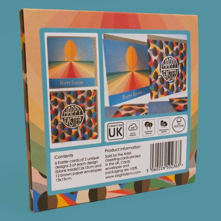 Back of packaging for Easter cards and envelopes with colourful design. 6 Pack. Bright Stem Happy Easter Greeting Cards and Envelopes Multipack. Featuring cards with Chocolate Egg and Abstract Pattern. blue background.