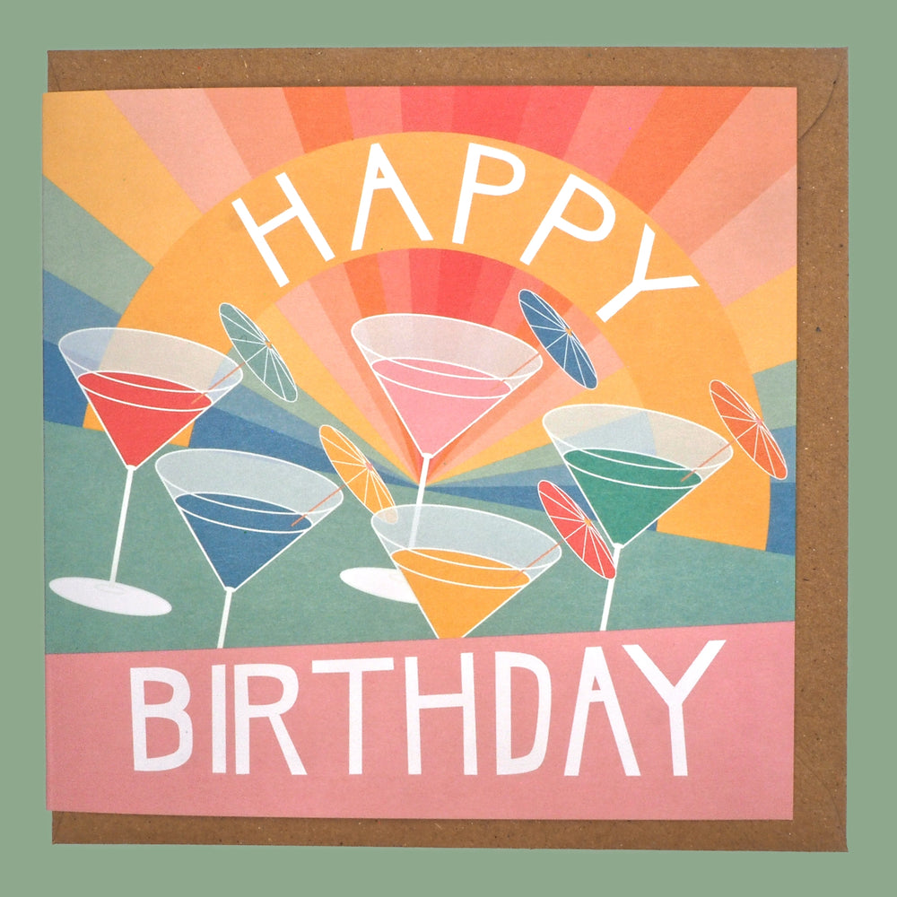 Colourful birthday card with cocktail glasses and 'Happy Birthday' text against a sunset background.