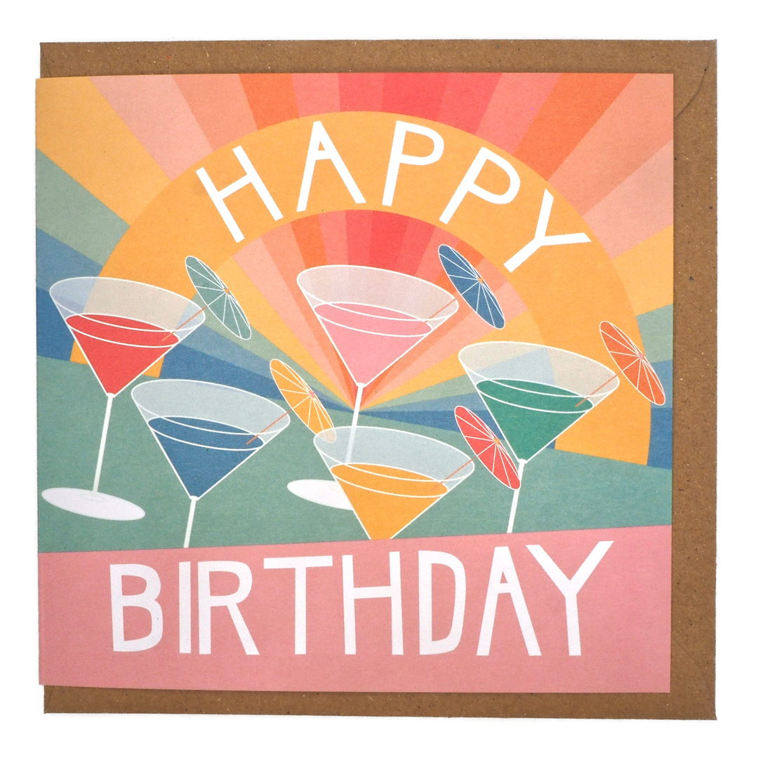 Colourful bright stem birthday card with cocktail illustrations and 'Happy Birthday' text. Inspired by vintage Art Deco Illustrations.