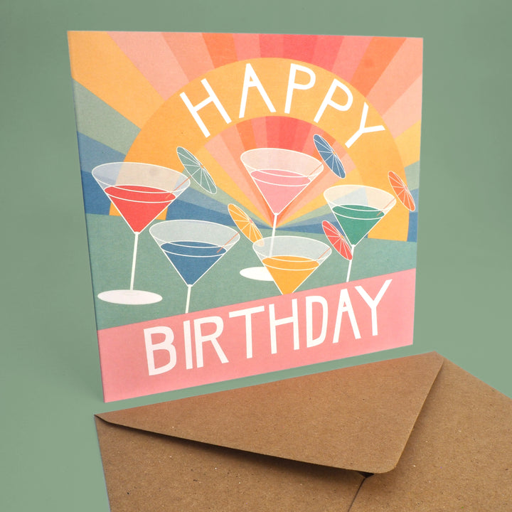 Bright Stem birthday card with colourful cocktail design and 'Happy Birthday' text on a green background