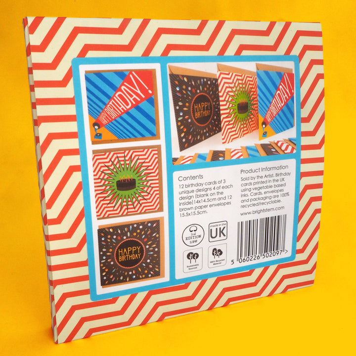 Back of packaging for birthday cards with colourful designs on a yellow background
