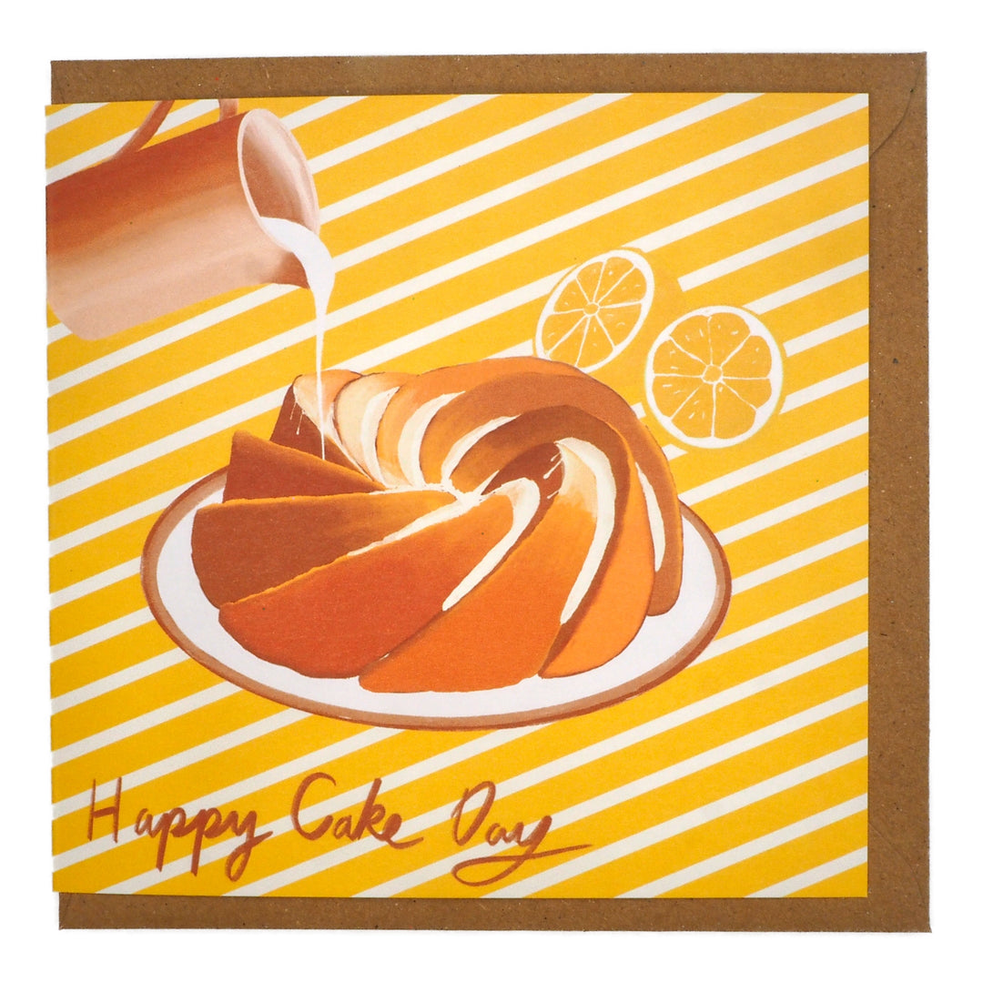 Birthday Card and envelope with illustration of a bundt lemon drizzle cake and lemon slices on a yellow striped background, with 'Happy Cake Day' text.