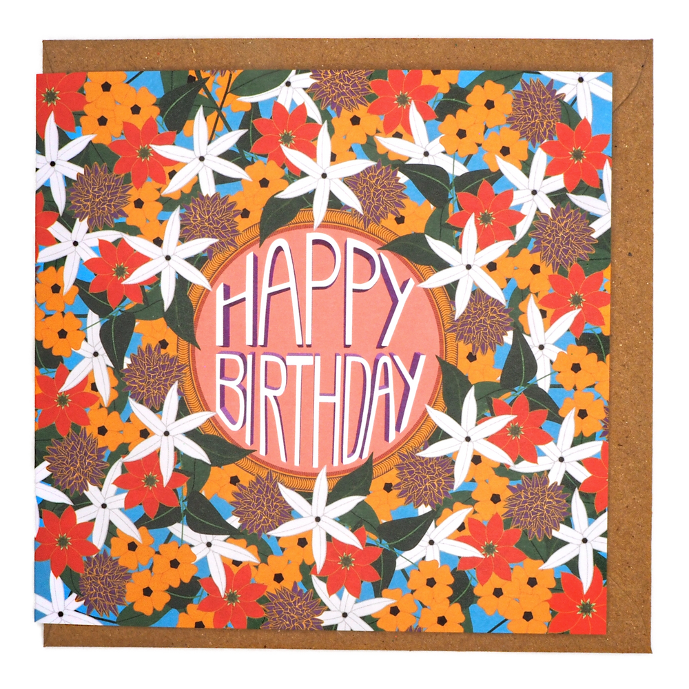 Bright Stem Colourful floral birthday card with 'Happy Birthday' text sold with brown craft envelope