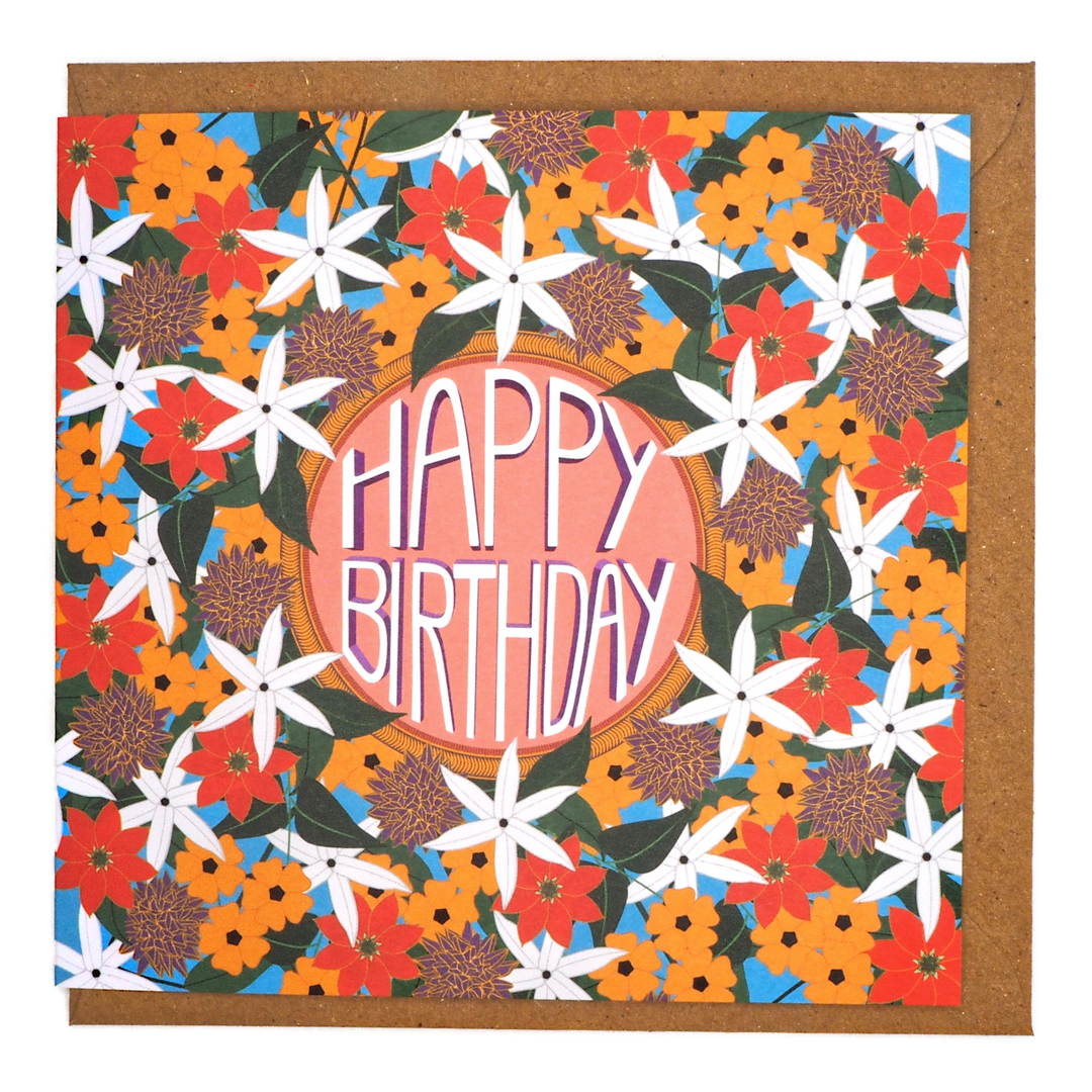 Bright Stem Colourful floral birthday card with 'Happy Birthday' text sold with brown craft envelope