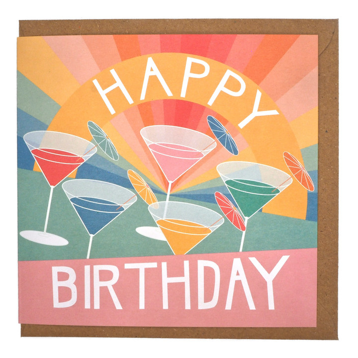 Colourful bright stem birthday card with cocktail illustrations and 'Happy Birthday' text. Inspired by Art Deco Illustrations.