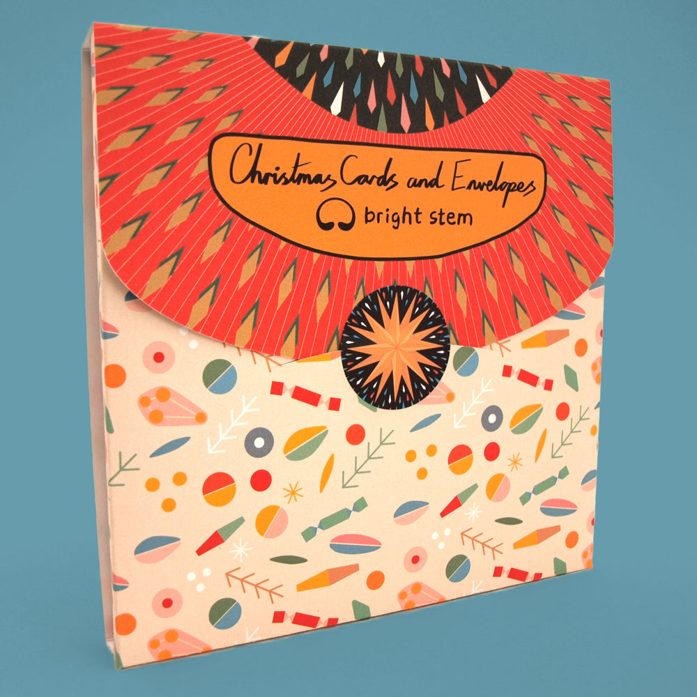 Plastic free packaging for Bright Stem Christmas cards and envelopes with colourful vintage style patterns on a blue background.
