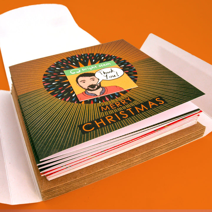 Bright Stem Christmas cards and envelopes stacked in an open folder with a thank you card from the artist who designed them.