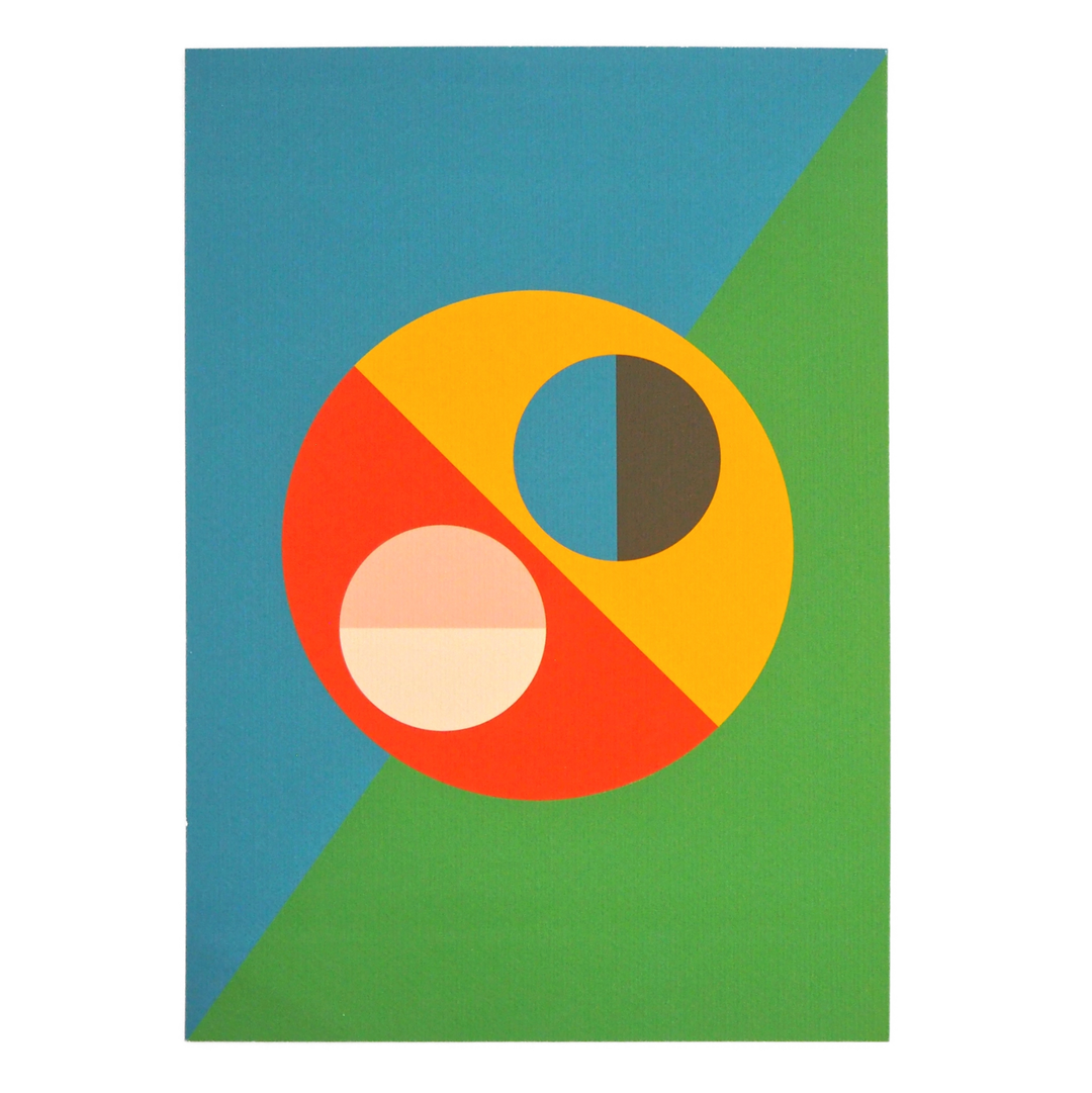 Bright Stem Art Print. Geometric design with coloured semi circles on a blue and green background