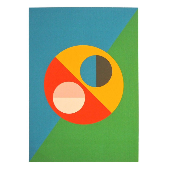 Bright Stem Art Print. Geometric design with coloured semi circles on a blue and green background