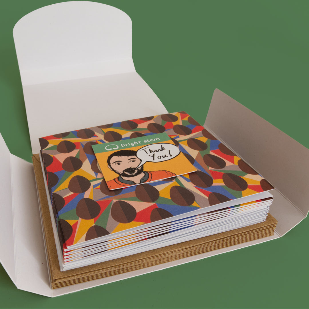 Stack of Bright Stem Easter greeting cards with colourful geometric design in an open folder on a a green background. 12 Pack