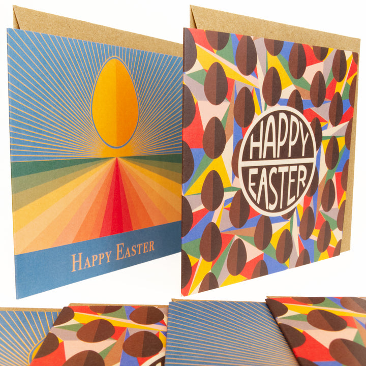 Bright Stem Happy Easter Cards and Envelopes 6 pack featuring easter eggs. Displayed. printed in the UK on recycled card.