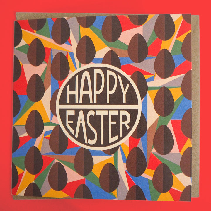 Bright Stem Happy Easter Greeting Card with Chocolate Egg and Abstract Pattern. Easter is rich sweet and indulgent its your favourite chocolate made into an egg with a nice warm pot of coffee on the side and that's what this design incapsulates. Red background.