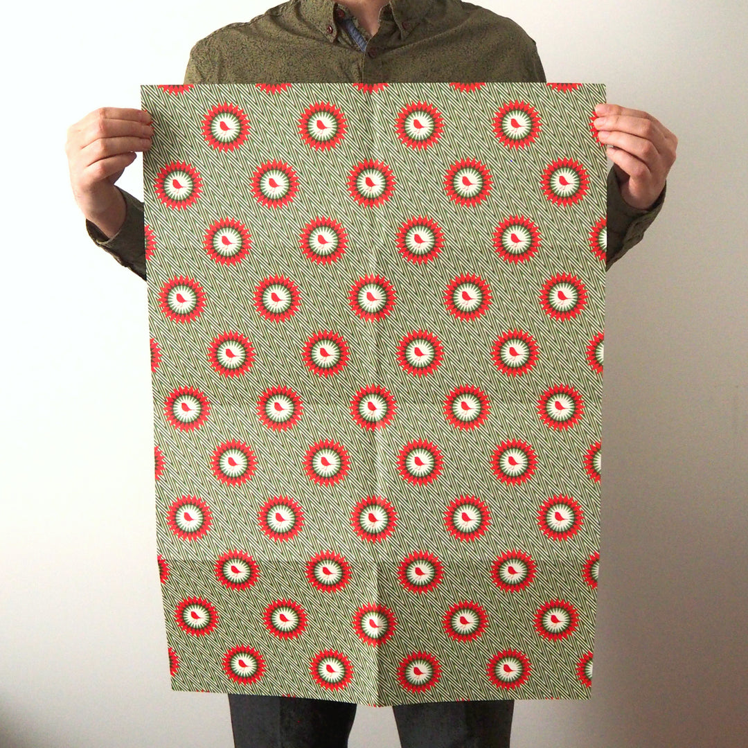 Bright Stem Recyclable Christmas Wrapping Paper Gift Wrap Folded. shot of robin illustration on green zigzag pattern. Held by Artist and Designer. 