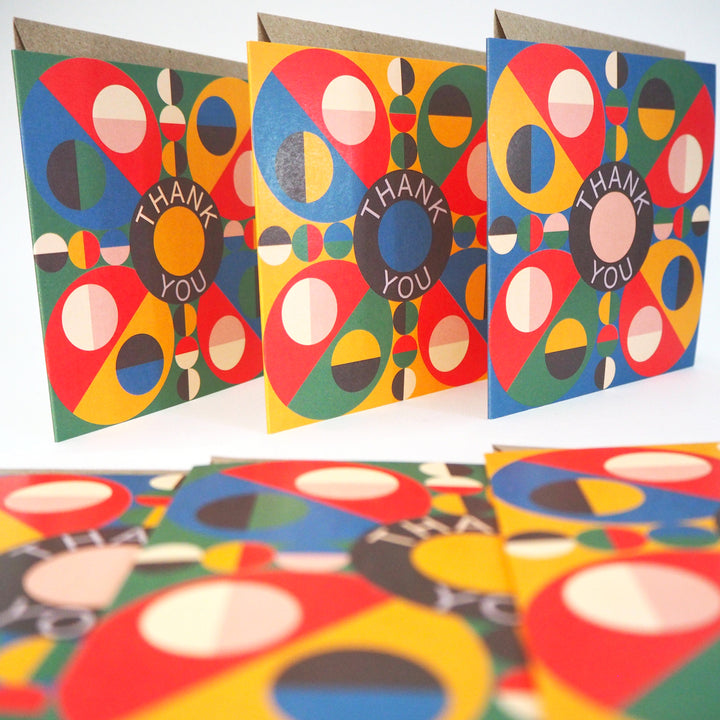 &nbsp;I find most thank you cards quite plain and bare. Which doesn’t really reflect how I feel when Im saying thank you to someone. So with these designs the key was to create something &nbsp;bold and vibrant. Inspired by the abstract artworks of Robert Delaunay and Wassily Kandinsky. They feature a playful design with a circular pattern made up of bright primary colours that covers as much of the card as possible. The multipack includes three designs, each with the same circular theme but featuring altern