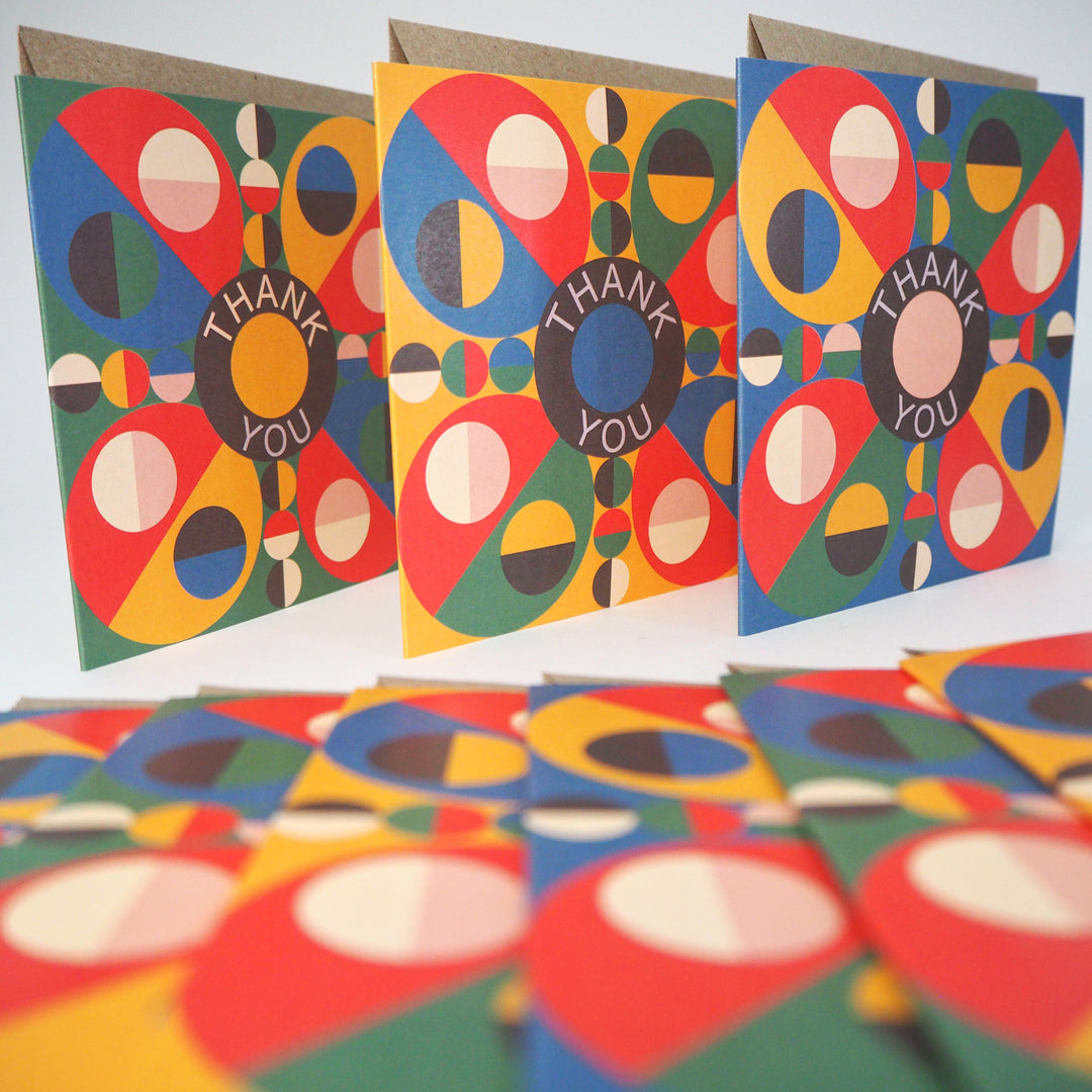 &nbsp;I find most thank you cards quite plain and bare. Which doesn’t really reflect how I feel when Im saying thank you to someone. So with these designs the key was to create something &nbsp;bold and vibrant. Inspired by the abstract artworks of Robert Delaunay and Wassily Kandinsky. They feature a playful design with a circular pattern made up of bright primary colours that covers as much of the card as possible. The multipack includes three designs, each with the same circular theme but featuring altern