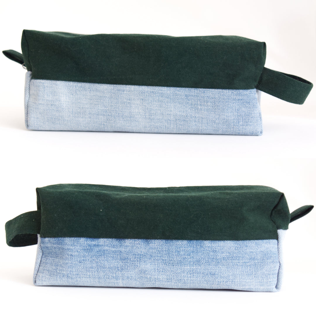 Bright Stem wash bag. two side views. made from green cotton and light blue denim upcycled fabric with a yellow and white cotton inner lining.