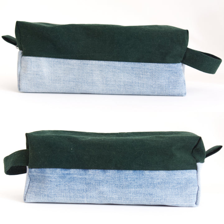 Bright Stem wash bag. two side views. made from green cotton and light blue denim upcycled fabric with a yellow and white cotton inner lining.