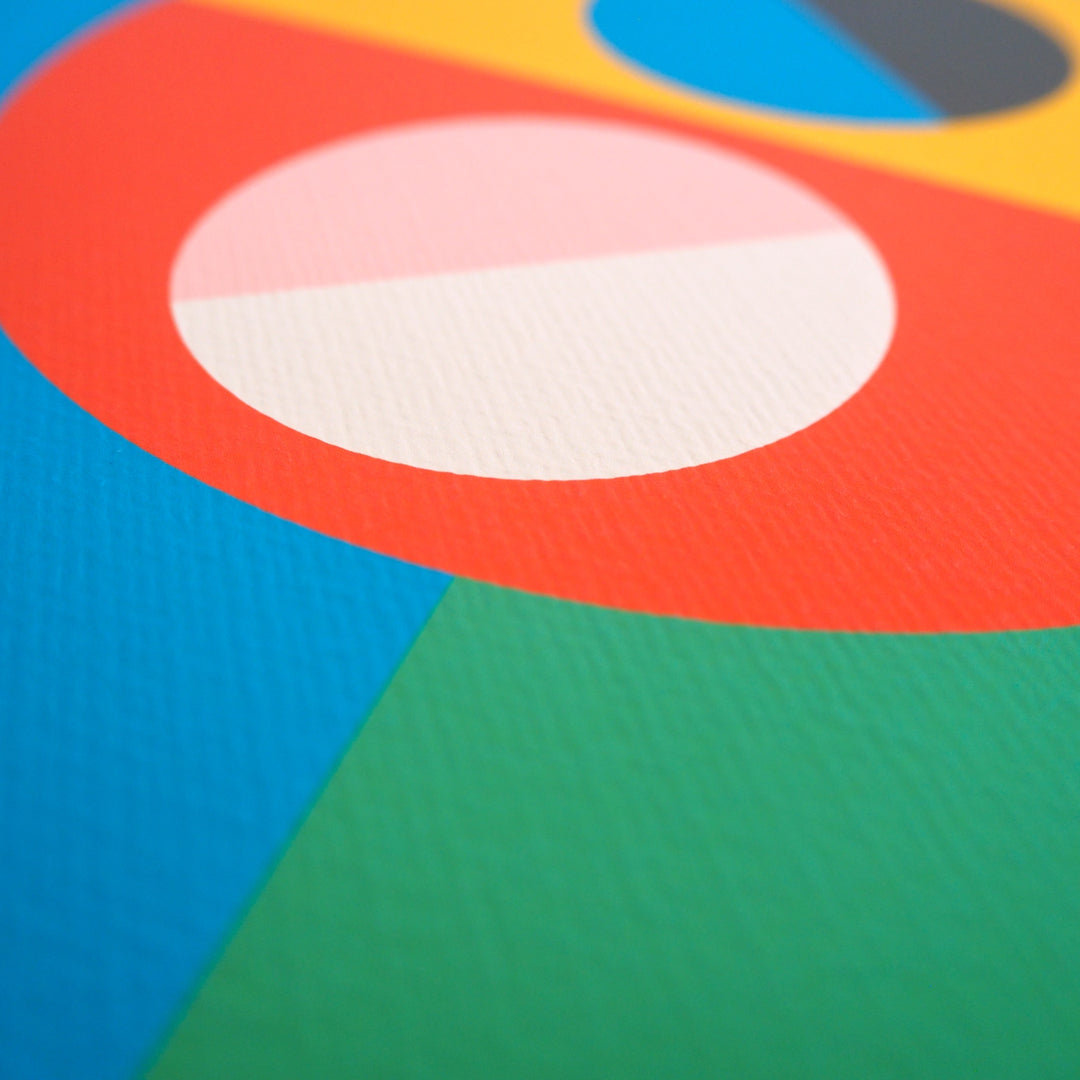 Close-up of Bright Stem contemporary art print. Showing colourful geometric pattern with red, blue, green, pink and white shapes on watercolour paper.
