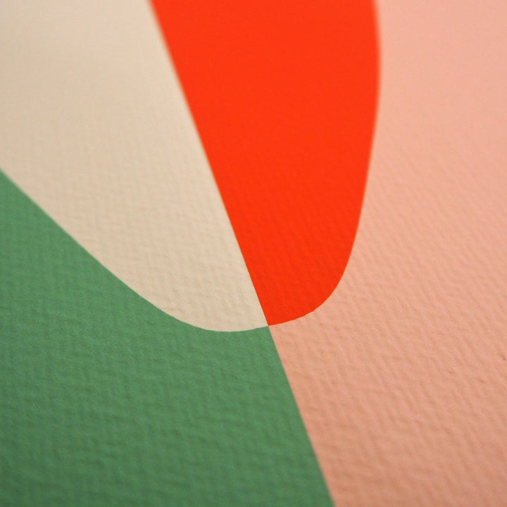 Abstract art with geometric shapes in red, green, and pink on a textured background