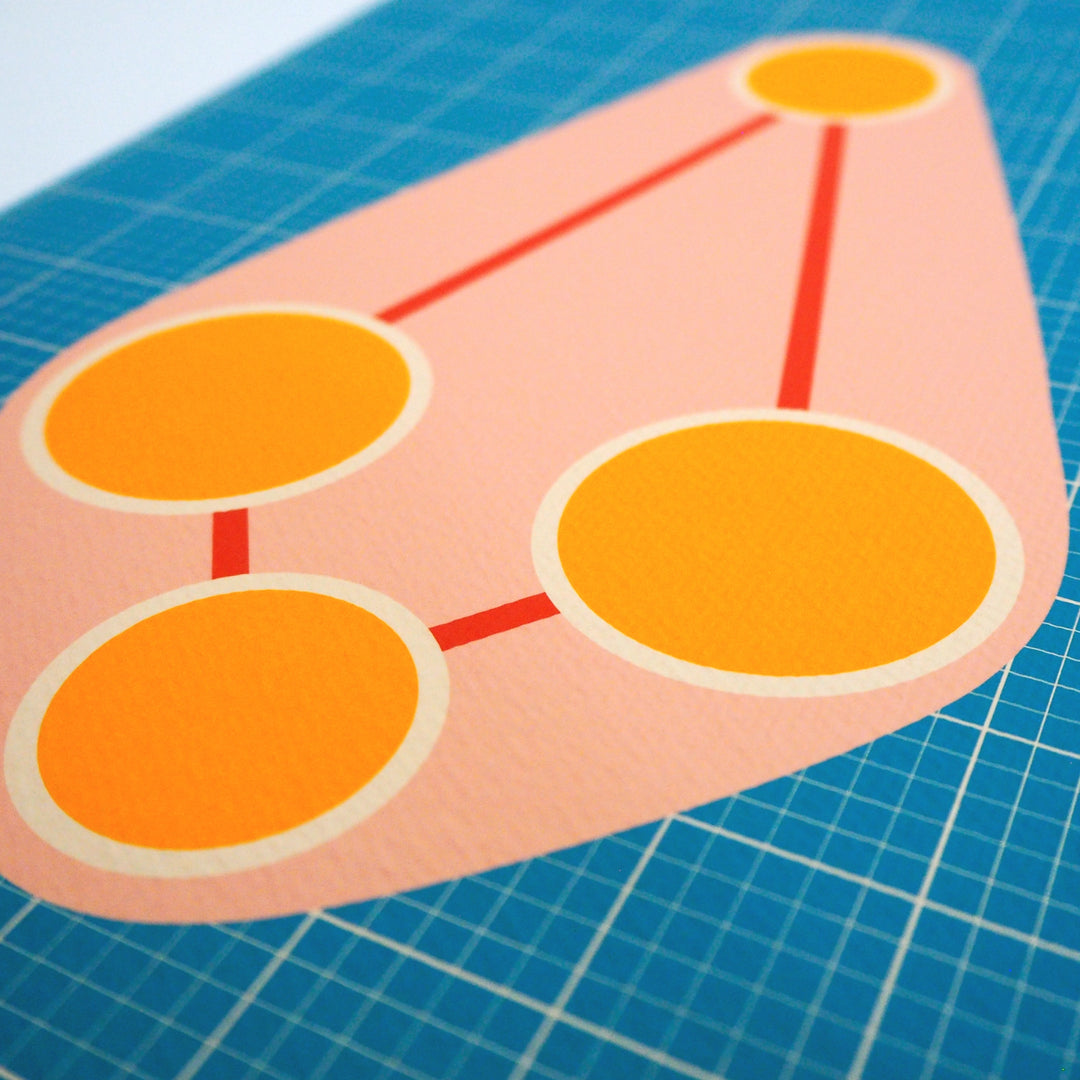 Close-up of Bright Stem contemporary art print. Showing colourful geometric design with yellow, red, white and pink  shapes on  a blue background.