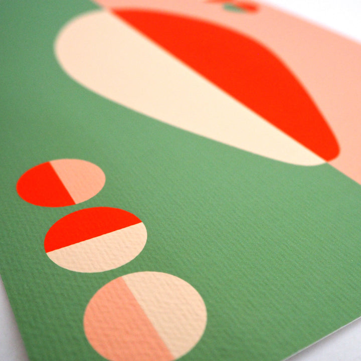 Close-up of Bright Stem contemporary art print. Showing colourful geometric design with orangey red, green, pink and cream shapes on watercolour paper.