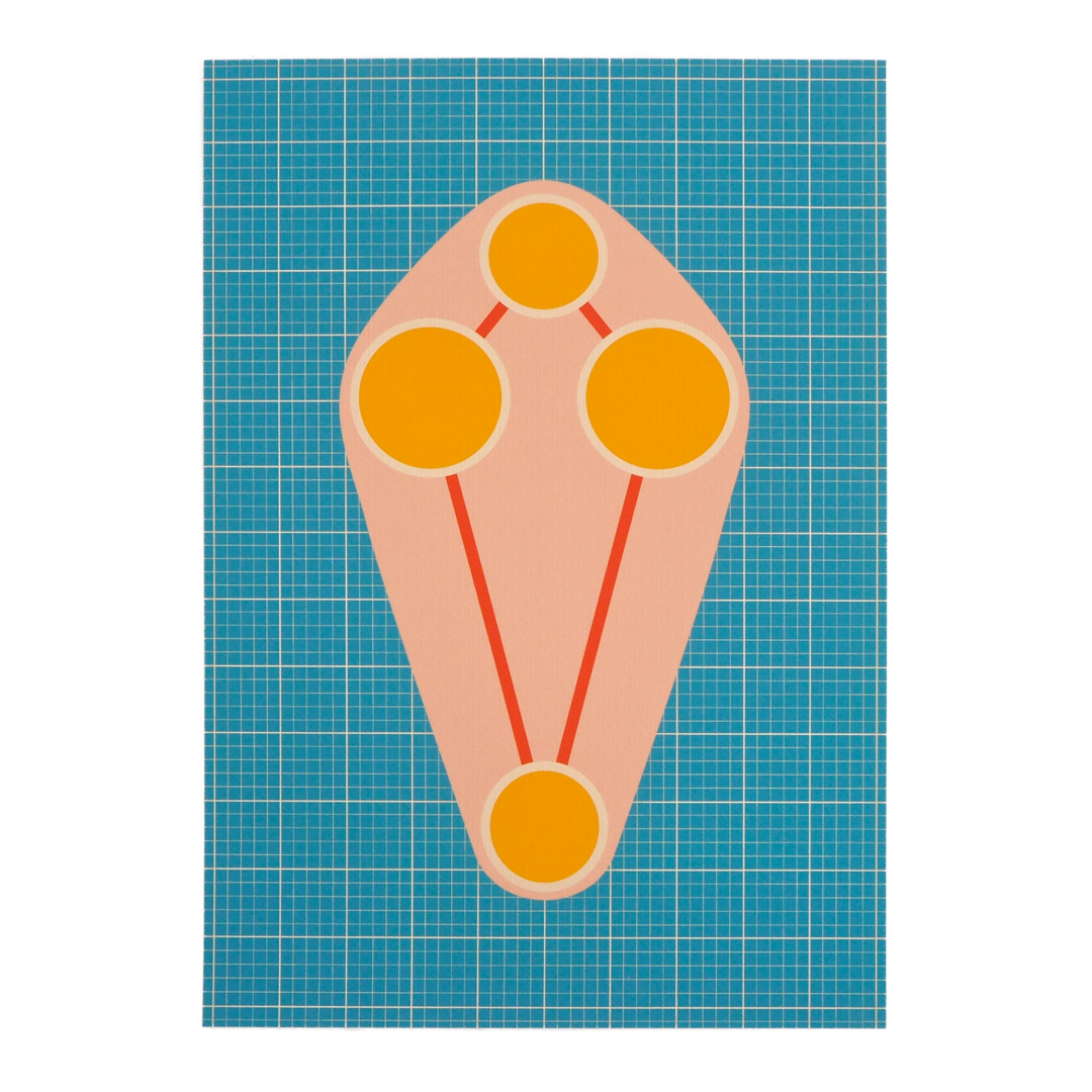 Art Print featuring a geometric design with orange circles and a pink abstract shape on a blue grid background