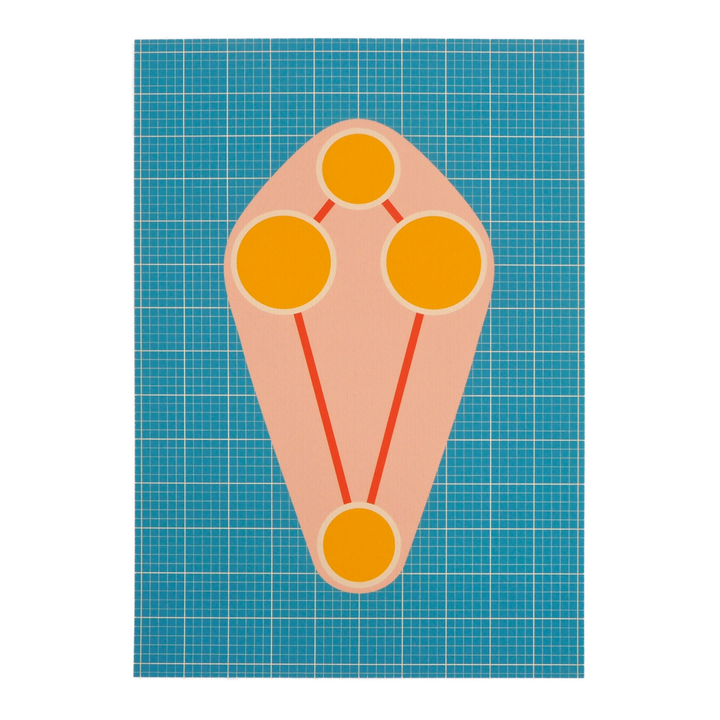 Art Print featuring a geometric design with orange circles and a pink abstract shape on a blue grid background