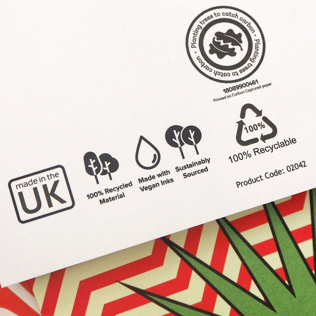 Environmental, ethical, sustainable labels on the back of a birthday card.