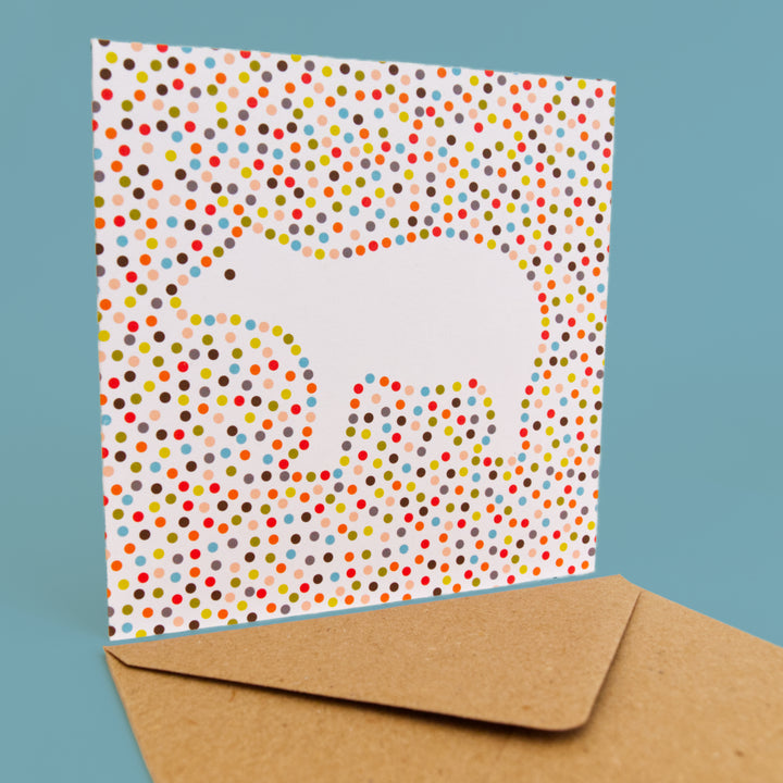 Bright stem Greeting card design featuring an illustration of a Polar Bear with coloured circles. Inspired by Pop Art paintings.  polar bear . this design was first created as an art print. Suitable for kids birthday parties.