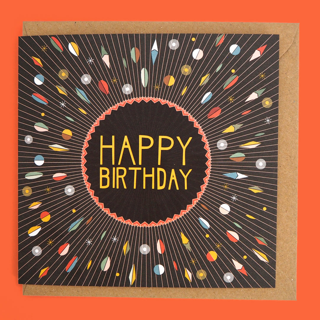 bright stem Happy Birthday Card and Envelope with vintage Style colourful abstract rocket design inspired by art deco and bauhaus design Suitable for boys, girls, men and unisex