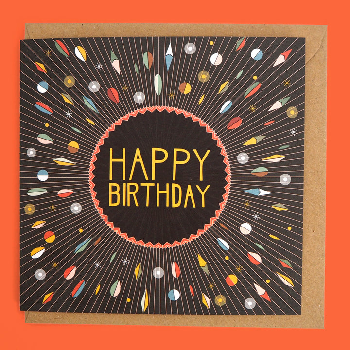 bright stem Happy Birthday Card and Envelope with vintage Style colourful abstract rocket design inspired by art deco and bauhaus design Suitable for boys, girls, men and unisex