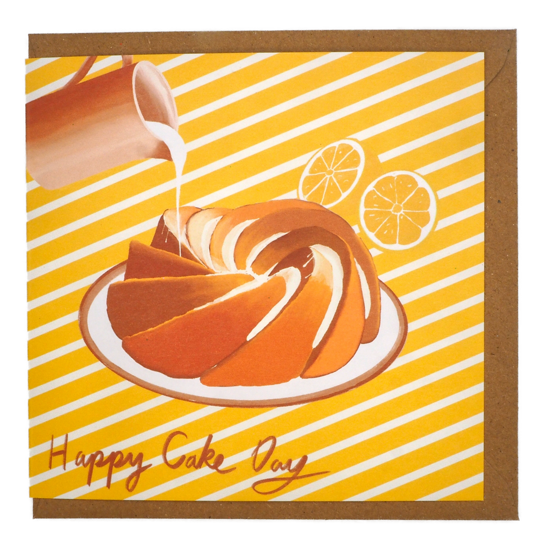 Birthday card with illustration of a lemon drizzle bundt cake and orange slices on a yellow striped background, with 'Happy Cake Day' text.