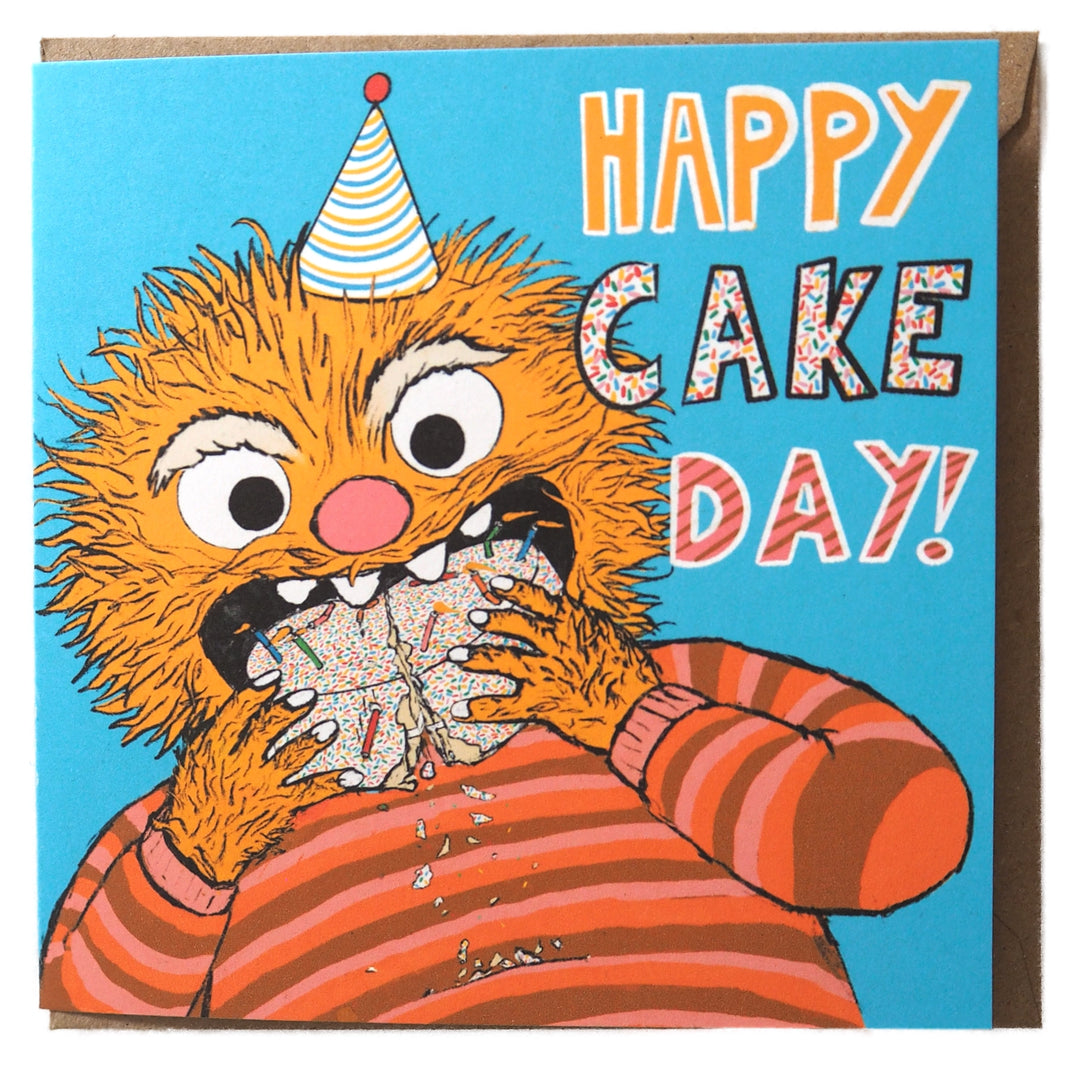 Product Details/Dimensions: This birthday card comes with a recycled brown paper envelope. The inside of the card has been left blank so you can write your own personal message. Card dimensions are 14x14cm and the envelopes are 14.6 x 14.6cm.

Design/Illustrations: The design draws on vintage influences from 90s British children’s TV/comic books and Japanese art, inspired by my childhood memories. I aimed to craft a playful and distinctive card—one I would have loved to receive as a child for my birthday!
