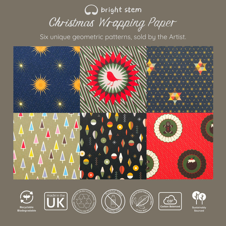 Information about bright stem recyclable Christmas wrapping paper. Geometric mixed pack.