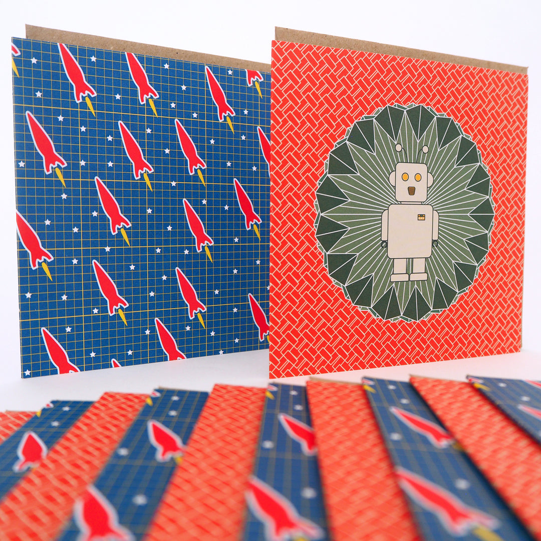 Children's Birthday Cards and Envelopes Mixed Pack (12) Recyclable Suitable for Kids Boys robot illustration and red rocket pattern