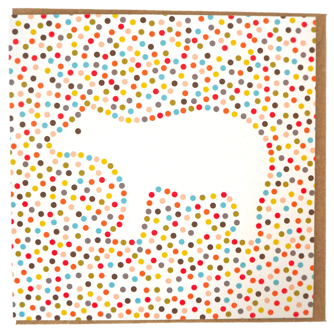 A Greeting card design featuring an illustration of a Polar Bear. Inspired by the way bright coloured circles are used in Pop Art paintings. I thought it might be interesting to draw the outline of shapes like a polar bear with coloured circles. this design was first created as an art print.