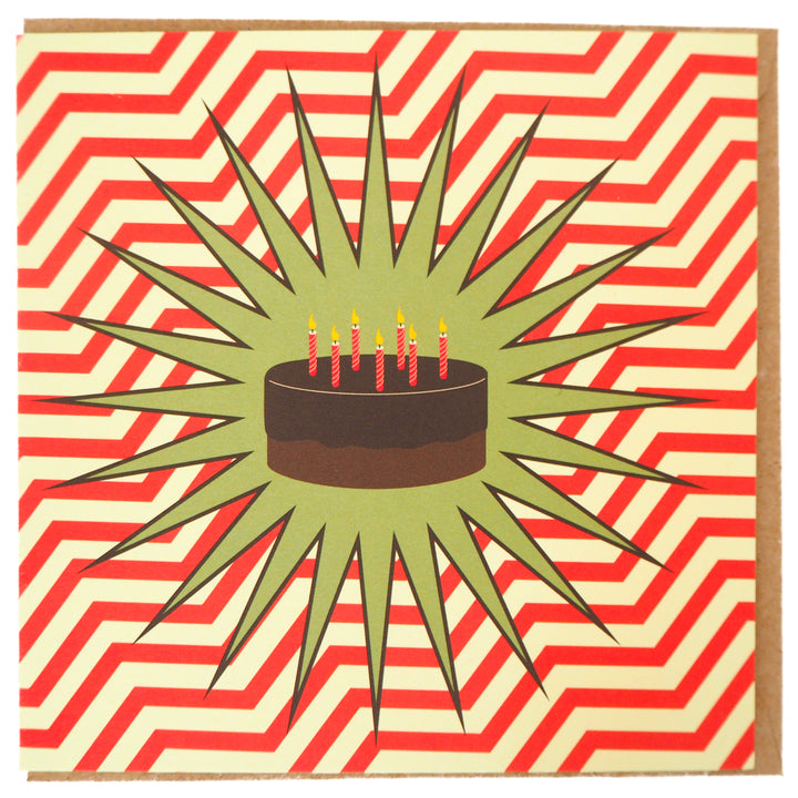 bright stem birthday card A vintage style birthday card design featuring an illustration of a chocolate birthday cake with candles inside a green star on a red zigzag pattern. Inspired by 1960’s Pop art and comic book illustrations.