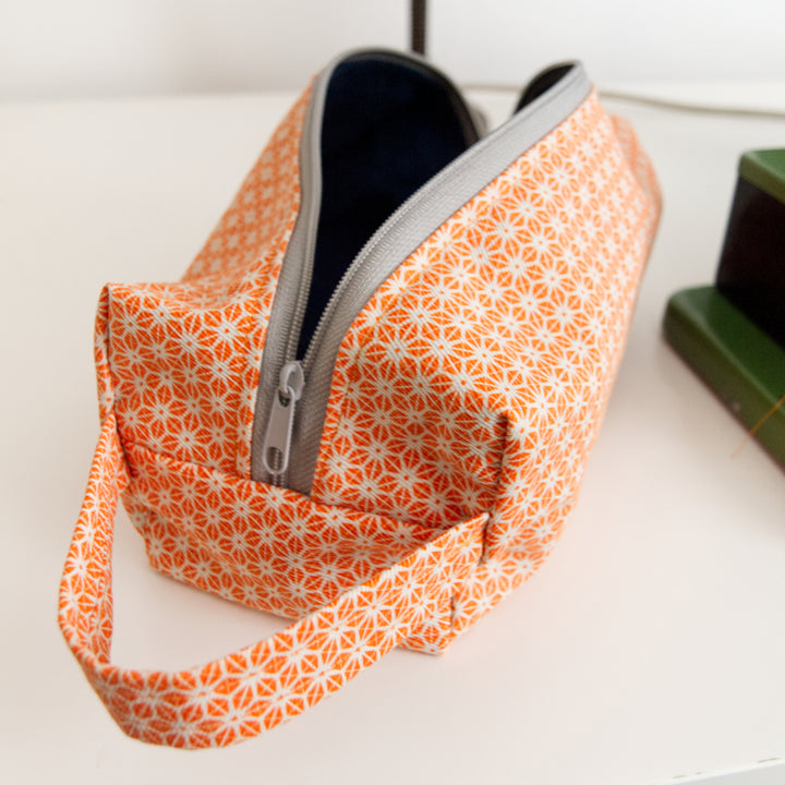 Bright Stem Toiletry/Wash Bag Handmade Orange Star Pattern with Upcycled Denim Inner Lining