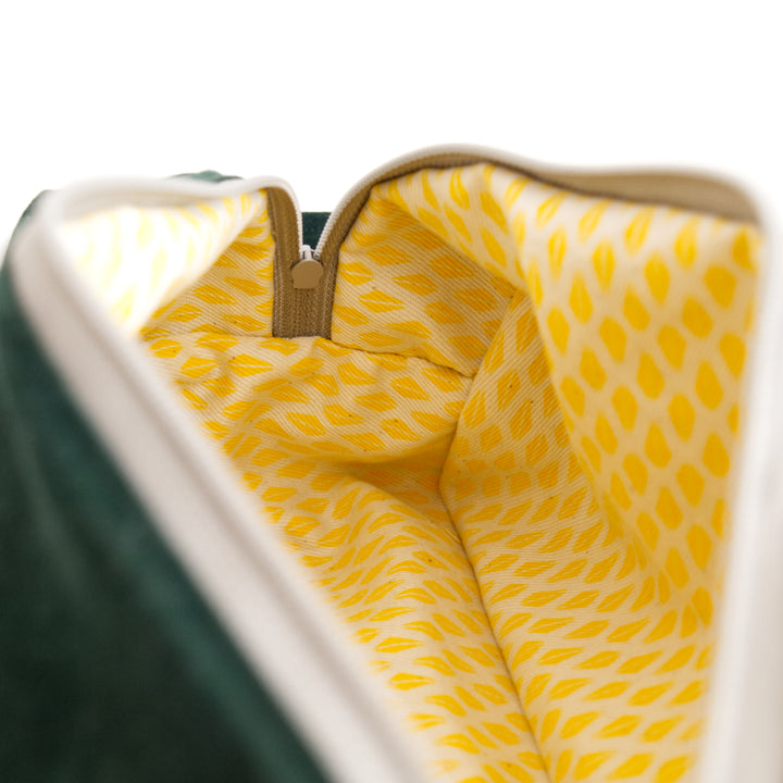 Bright Stem Toiletry/Wash Bag Handmade Upcycled Dark Green and Denim with Yellow Triangle Inner Pattern Inner Linning