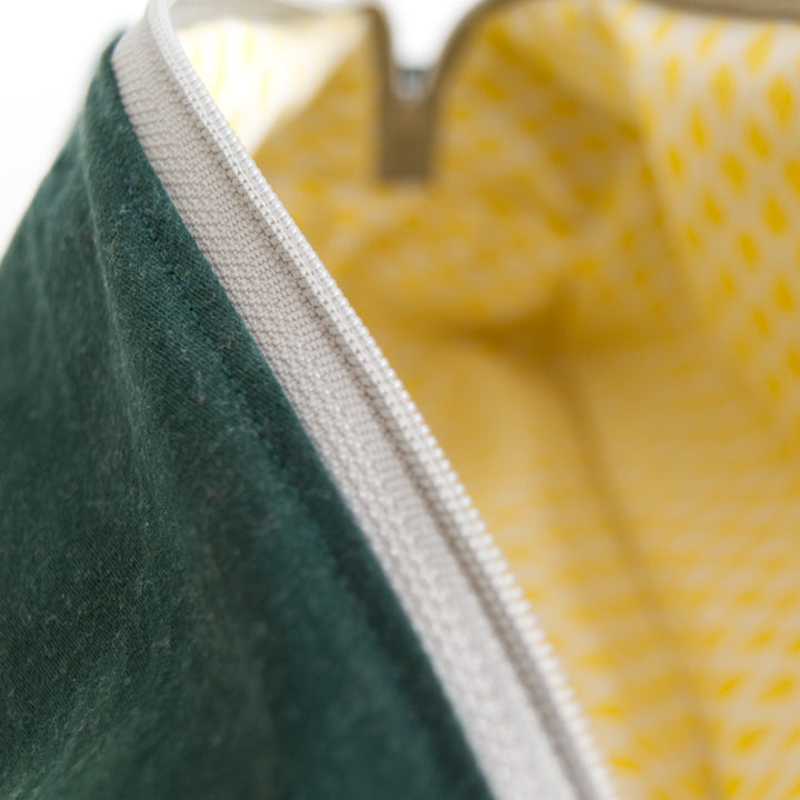 Bright Stem Toiletry/Wash Bag Handmade Upcycled Dark Green and Denim with Yellow Triangle Inner Pattern Inner Linning