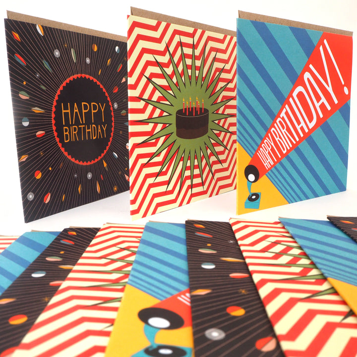 bright stem birthday cards multipack recyclable eco friendly. Displayed vintage style designs influenced by the Bauhaus art deco pop art and comic books sold by the artist / designer