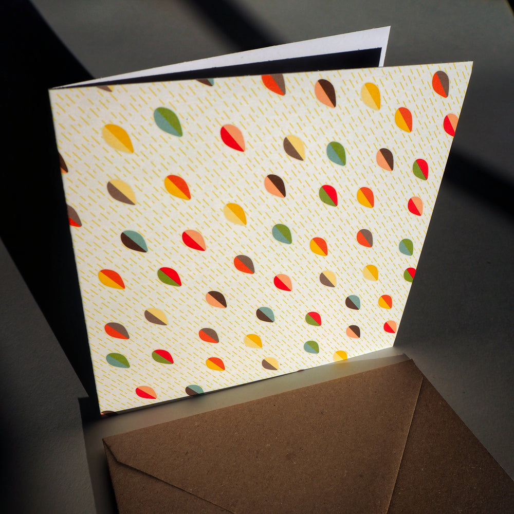 bright stem blank greeting card / notecard with brown craft envelope abstract multicoloured pattern made in the UK from recycled card