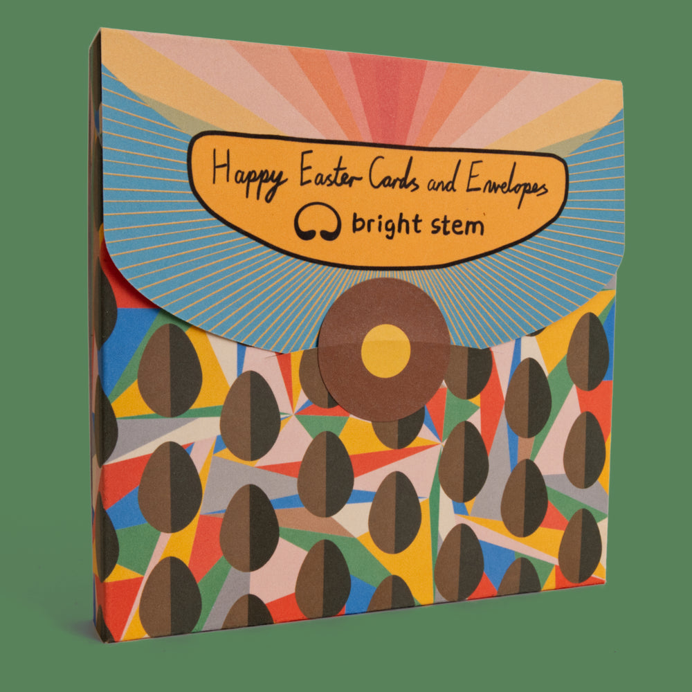 Packaging for Easter cards and envelopes with colourful design and 'bright stem' branding. Bright Stem Happy Easter Greeting Cards and Envelopes Multipack. Featuring cards with Chocolate Egg and Abstract Pattern.