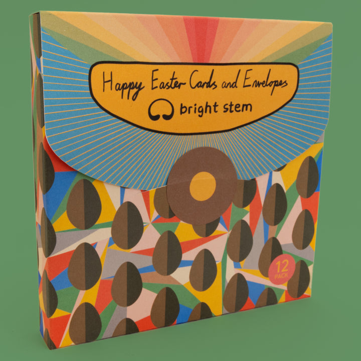 Packaging for Easter cards and envelopes with colourful design and 'bright stem' branding. 12 Pack. Bright Stem Happy Easter Greeting Cards and Envelopes Multipack. Featuring cards with Chocolate Egg and Abstract Pattern.